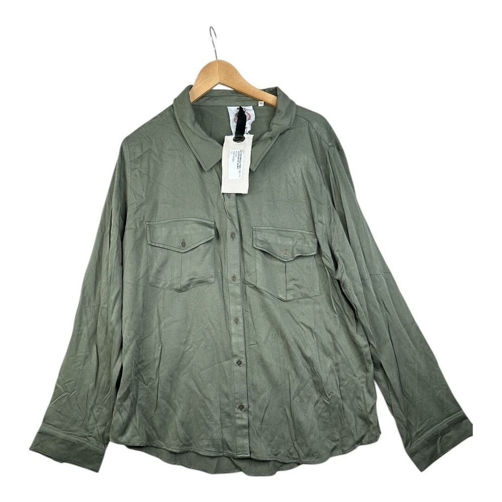 New Ash & Ember Brentwood Two-Pocket Button Up Shirt size Small Olive Green‎